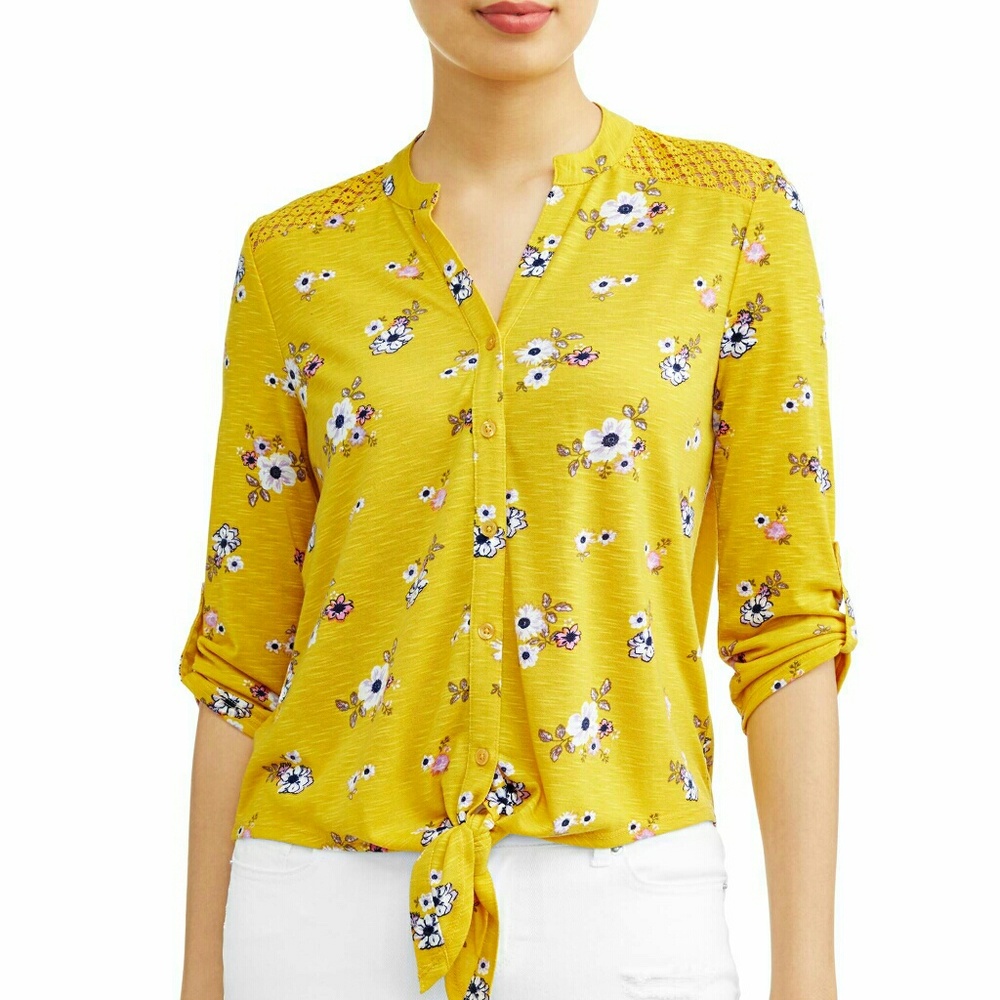 Lace Yolk Tie Front Blouse Gold Floral - Picture 4 of 4
